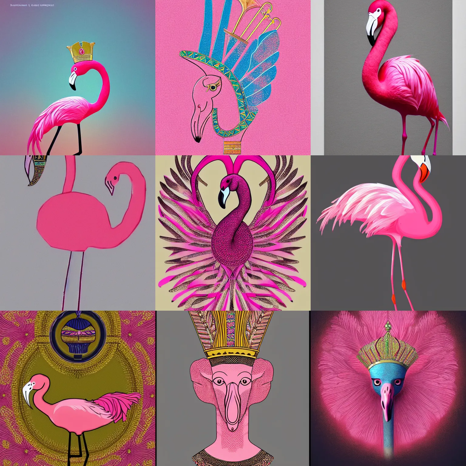 Prompt: a pink flamingo, wearing an egyptian crown, atef, highly intricate, award winning art, trending on artstation