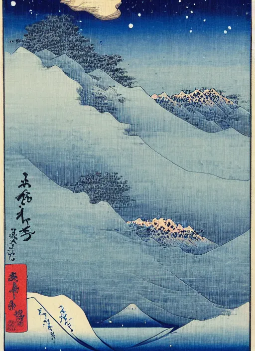 Image similar to blue roses on a mountain melting into the sky with stars of utagawa hiroshige