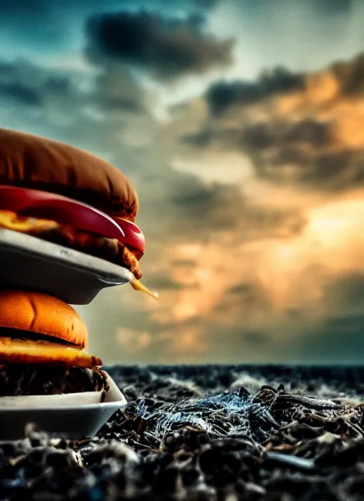 Prompt: a cinematic photograph of junkfood, at sunset, ultra detailed, realistic, beautiful lightning, golden hour time, 8 k, high depth field