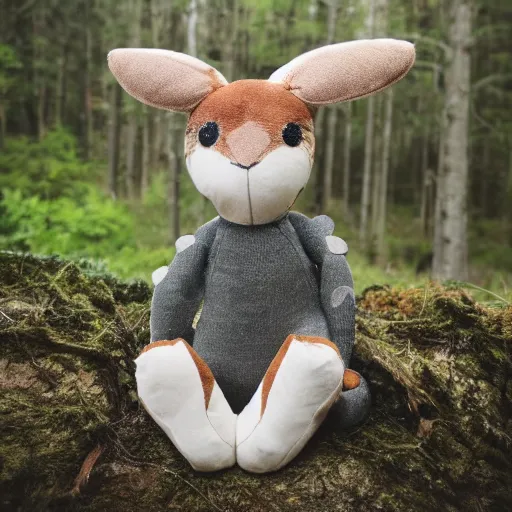 Prompt: a portrait of a cute deer plush doll with forest background