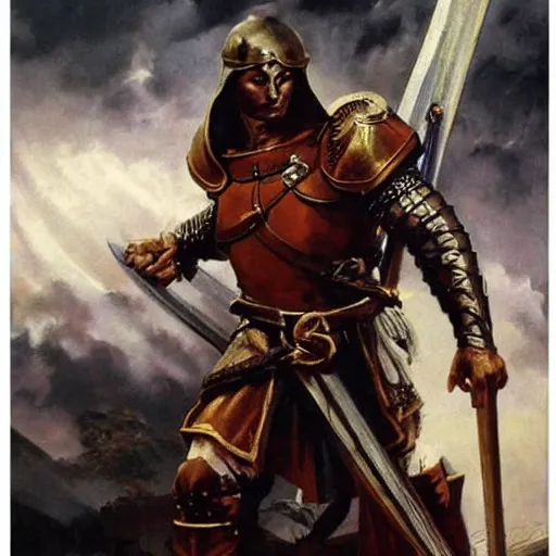 Image similar to ultra realistic portrait painting of a templar knight, art by frank frazetta, vintage levi ’ s ad, stormy weather, dark vibes, 4 k, ultra realistic, highly detailed, epic lighting