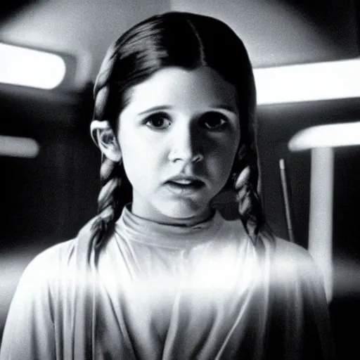 Image similar to film still of carrie fisher as a kid in new star wars movie, dramatic lighting, highly detailed face, kodak film, wide angle shot,