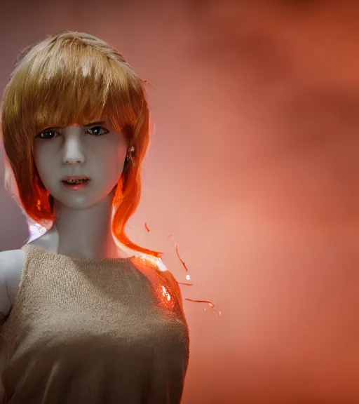 Image similar to melting, plastic doll, hair on fire, cinematic lighting, highly detailed 8 k