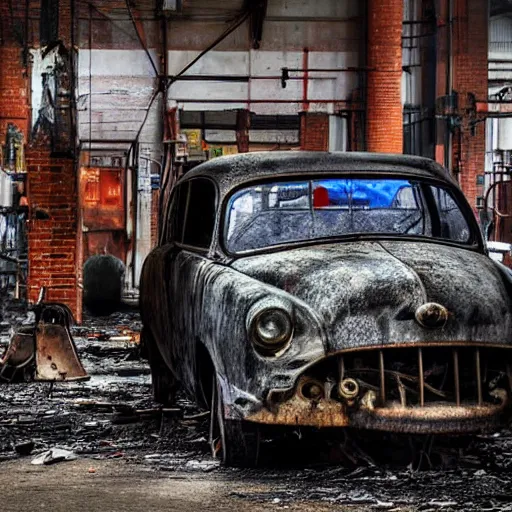 Prompt: close _ up _ of _ a _ car _ in _ an _ old _ industrial _ car _ factory _ a _ ghostly _ figure _ is _ walking _ between _ the _ broken _ cars _ everything _ is _ rusted _ and _ broken _ and _ covere _ - w _ 1 0 2 4 _ - n 4