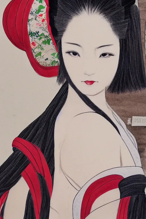 Image similar to extremely sensual geisha full body, one uncovered shoulder, different point of view, digital art, 8k, character, realistic, portrait, photorealism, japan watercolour, masterpiece art