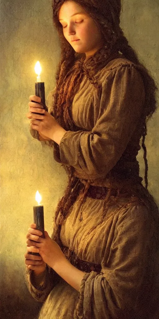 Image similar to Highly detailed and cinematic romantic period oil painting of a medieval peasant girl holding a candle, strong atmosphere, oil painting masterpiece by Josep Tapiró Baró, symmetry, fractals