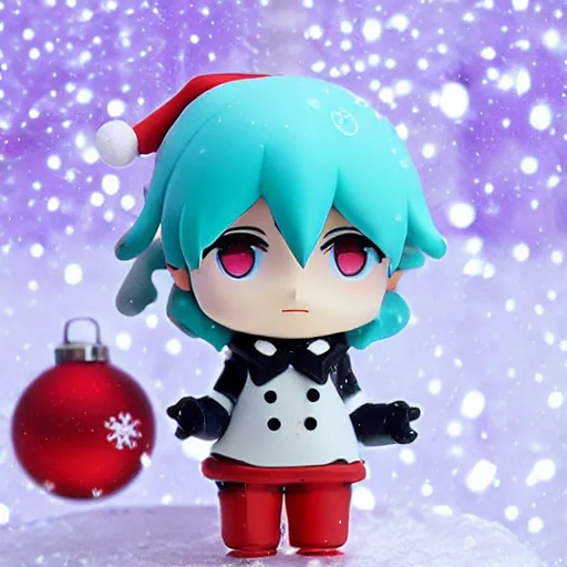 Prompt: snow miku nendroid pvc, christmas lights and snow in the background