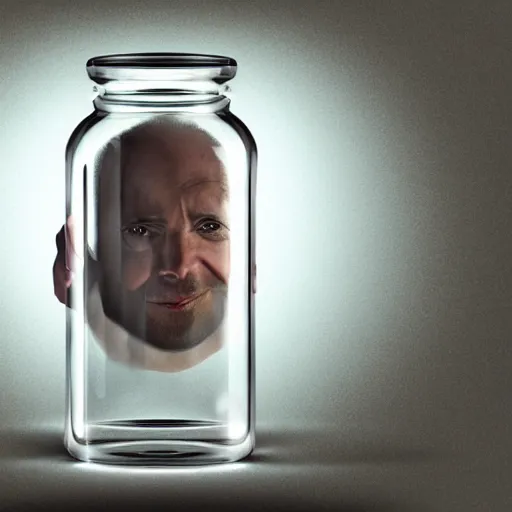 Prompt: a man scary locked inside a glass jar, photorealistic