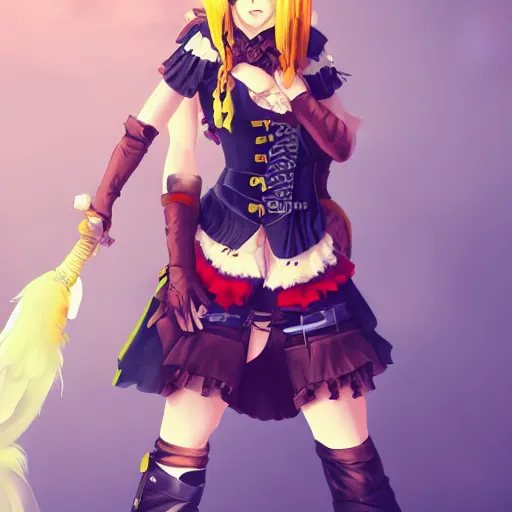 Image similar to advanced digital anime character art, female pirate captain with a yellow and a red eye , res brown hair wearing a corset and large pirate hat with feathers, RossDraws, WLOP, Sakimichan. —H 768