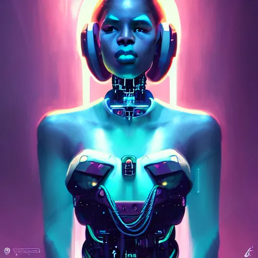 Image similar to a portrait of Adhel Bol as a beautiful cybernetic techno queen, black woman, cyberpunk concept art by pete mohrbacher and wlop and artgerm josan gonzalez and syd mead, digital art, highly detailed, intricate, sci-fi, sharp focus, Trending on Artstation