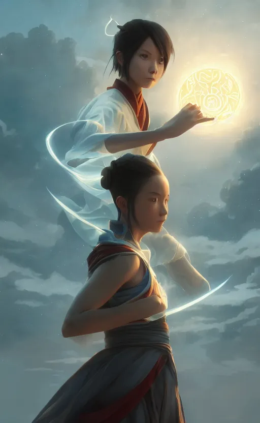 Image similar to a girl from final fantasy live action, the last airbender, evocative, mystical night, very very very very detailed, award winning, masterpiece digital painting by greg rutkowski, alex grey, artstation, 4 k wallpaper