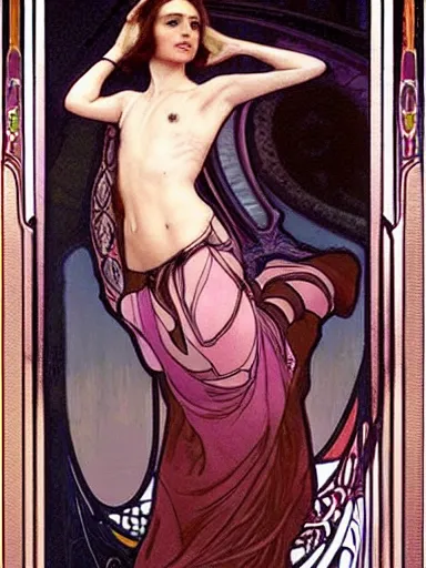 Prompt: a beautiful painting of natalie portman by Alphonse Mucha and by yoshitaka Amano and by Mark Brooks and by john william waterhouse, Art Nouveau, Neo-Gothic, gothic, award winning painting, hyperdetailed, detailed