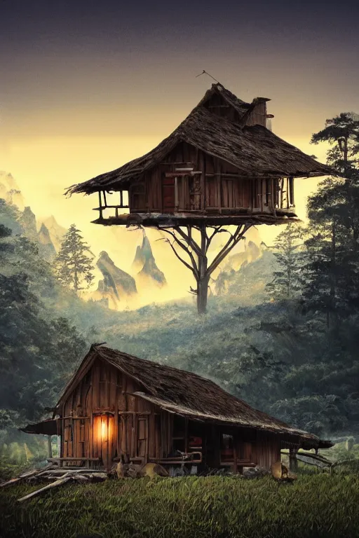 Image similar to an awesome twilight day concept art of old hut standing at giant hen's legs instead of piles, by kengo kuma and wes anderson with village, mixed development, cgsociety, fantastic realism, artstation hq