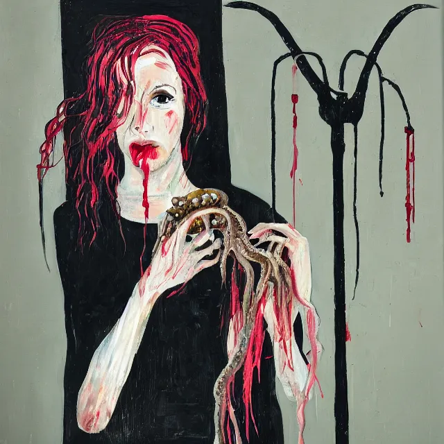 Image similar to a portrait in a dark apartment, a widow holding an octopus, streetlamps, wet, puddles, wild berries, rats, ikebana, neo - expressionism, surrealism, acrylic and spray paint and oilstick on canvas