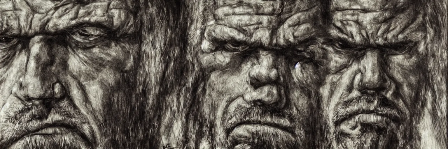 Prompt: menacing dark grimportrait of ron perlman by klimt, close up, attitude, shadows, angry eyes, grizzled, western