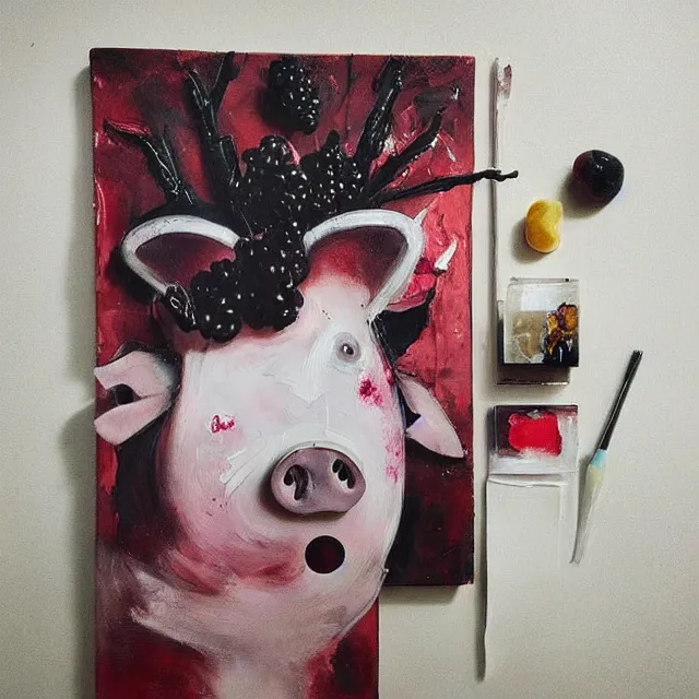 Image similar to “ a portrait in a female art student ’ s apartment, sensual, a pig theme, pork, half - finished sculpture, sculpture work in progress, a candle dripping white wax, clay, squashed berries, berry juice drips, acrylic and spray paint and oilstick on canvas, surrealism, neoexpressionism ”