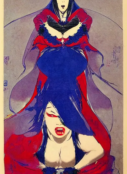 Image similar to portrait of heavyset mighty korean vampiress, jeweled veil, blue and red, strong line, saturated color, beautiful! coherent! by frank frazetta, high contrast, minimalism