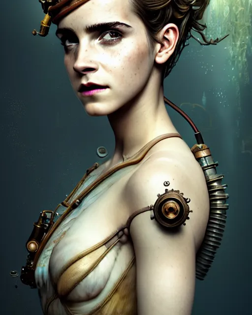 Prompt: underwater steampunk biopunk portrait of emma watson, au naturel, hyper detailed, digital art, trending in artstation, cinematic lighting, studio quality, smooth render, unreal engine 5 rendered, octane rendered, art style by klimt and nixeu and ian sprigger and wlop and krenz cushart.