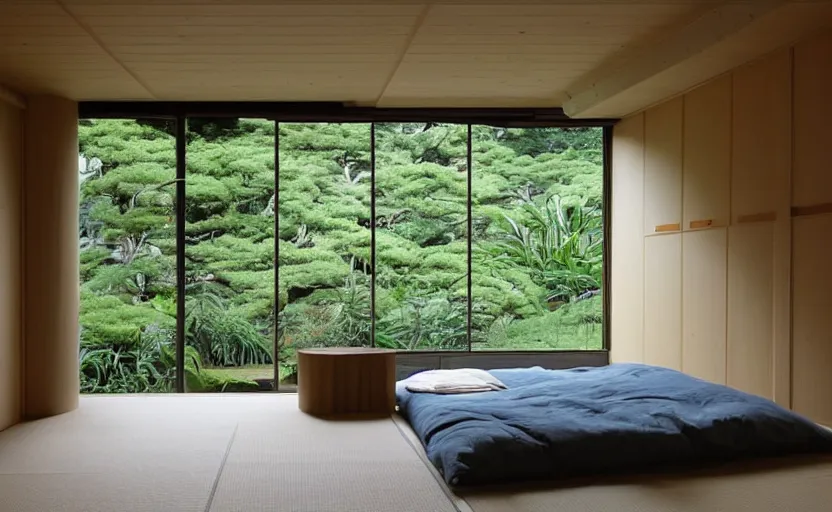 Image similar to a japanese bedroom interior, minimalist, bed, cupboards, wood, concrete, green walls, bright, windows, plants, carpet, moody light, view of a inner courtyard, retro futuristic, earth colors