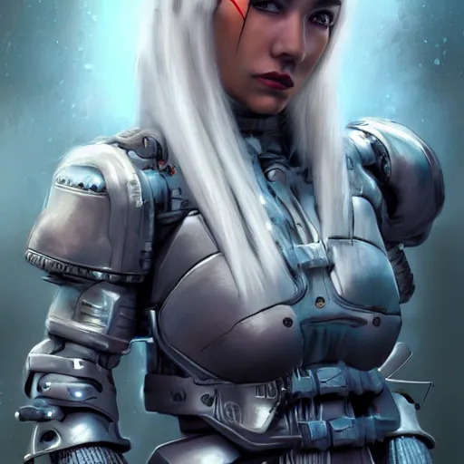 Image similar to An epic fantastic realism comic book style portrait painting of a female cyber warrior, dieselpunk armor, white hair korean, porcelain pale skin, cyberpunk color raining tokyo everywhere, Concept world Art, unreal 5, DAZ, hyperrealistic, octane render, cosplay, RPG portrait, dynamic lighting