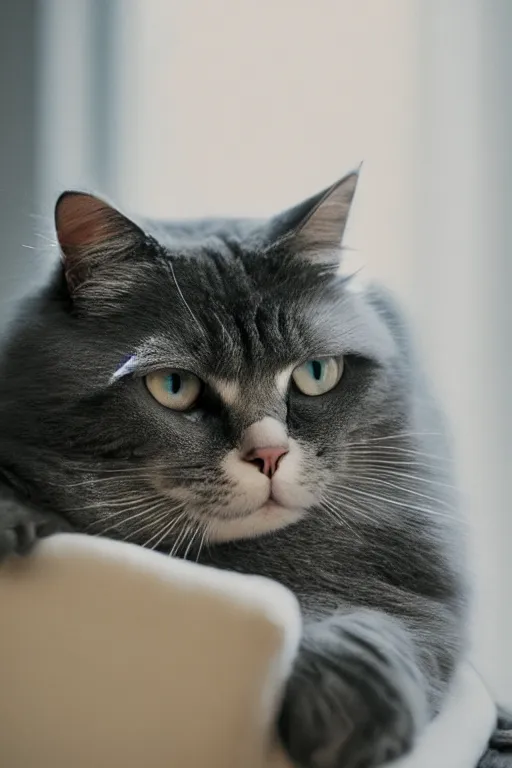 Prompt: “ fluffy grey cat lying on cat bed turning head to look out the window, lying on cat tree, cozy living room, warm, cotton, dramatic lighting, extremely high quality, leica m - a, lux 3 5 fle, portra 8 0 0 ”