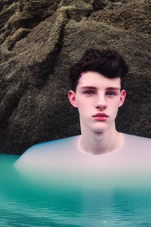 Image similar to high quality pastel coloured film mid angle docu photograph of a beautiful young 2 0 year old male, soft features, short black hair, clothed and painting an icelandic black rock pool environment. atmospheric. three point light. photographic. art directed. ( pastel colours ). volumetric light. clearcoat. waves glitch. 8 k. filmic.