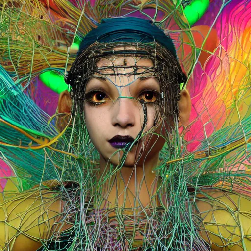 Image similar to swimming deeper into the multiverse, piles of modular synth cables mixed with mangrove roots, kawaii puerto rican goddess emergent wearing a headpiece made of circuit boards, by cameron gray, wlop, stanley kubrick, masamune, hideki anno, jamie hewlett, unique perspective, trending on artstation, 3 d render, vivid
