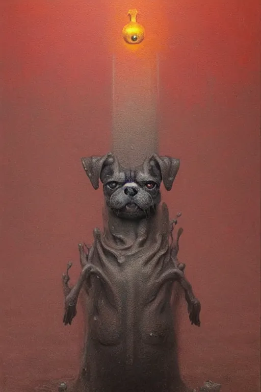 Image similar to painting of a very cute dog, dog is made of baked beans, baked bean skin texture, by zdzislaw beksinski, by dariusz zawadzki, by wayne barlowe, gothic, surrealism, cosmic horror, lovecraftian, cold hue's, warm tone gradient background, concept art, beautiful composition