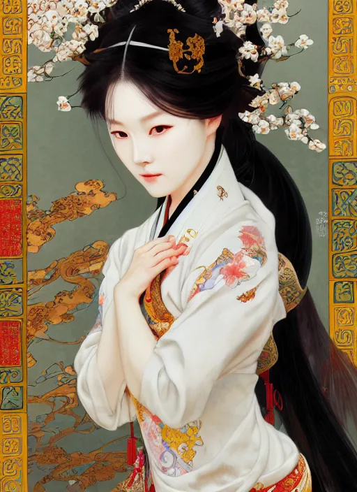 Image similar to portrait of a beautiful nekomimi, decorated with chinese opera motifs, royal, fine china, wuxia, traditional chinese art intricate intense elegant highly detailed digital painting artstation concept art smooth sharp focus illustration, art by ruan jia and zeen chin and alphonse mucha, 8 k