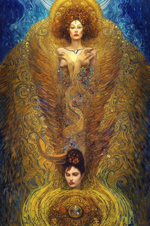 Image similar to Visions of Paradise by Karol Bak, Jean Deville, Gustav Klimt, and Vincent Van Gogh, visionary, otherworldly, celestial, fractal structures, infinite angel wings, ornate gilded medieval icon, third eye, spirals, heavenly spiraling clouds with godrays, airy colors