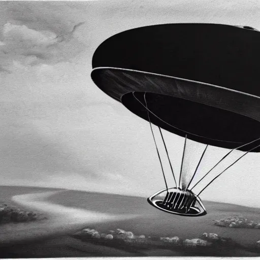 Image similar to painting of a ufo, black and white, ww2