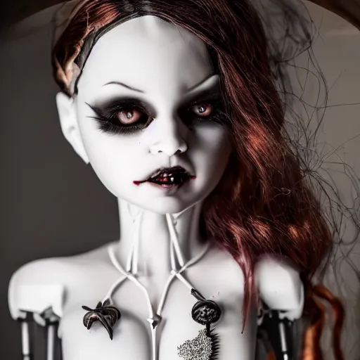 Prompt: lovely realistic robotic ball jointed high end vampire doll with fashion and cute accessories, inside gothic doll manor bedroom, god rays, dust particles, photorealistic, aesthetic shot, worms eye view, macro camera lens, high definition, thematic, cinematic, lens flare