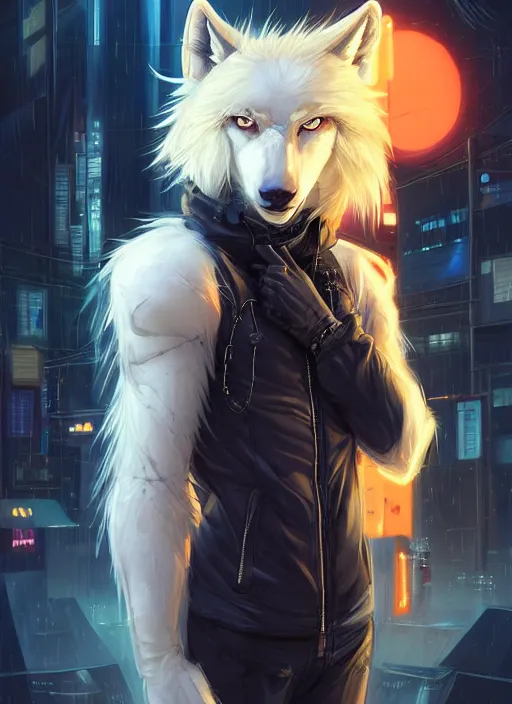 Image similar to award winning beautiful portrait commission of a male furry anthro albino wolf fursona with a tail and a cute beautiful attractive detailed furry face wearing stylish black and orange cyberpunk biker clothes in a cyberpunk city at night while it rains. Character design by charlie bowater, ross tran, artgerm, and makoto shinkai, detailed, inked, western comic book art