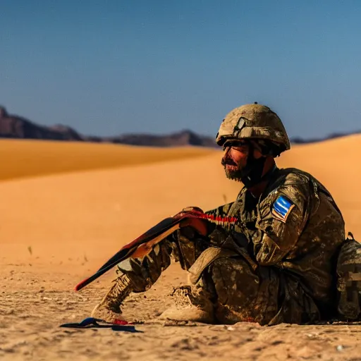 Prompt: portrait of a soldier sitting in the desert eating some crayons, beautiful composition, 5 0 mm f 1. 8, ambient light