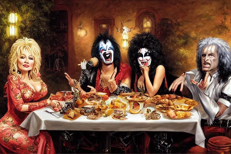 Image similar to dolly parton having a spaghetti dinner with gene simmons in kiss makeup, an oil painting by ross tran and thomas kincade