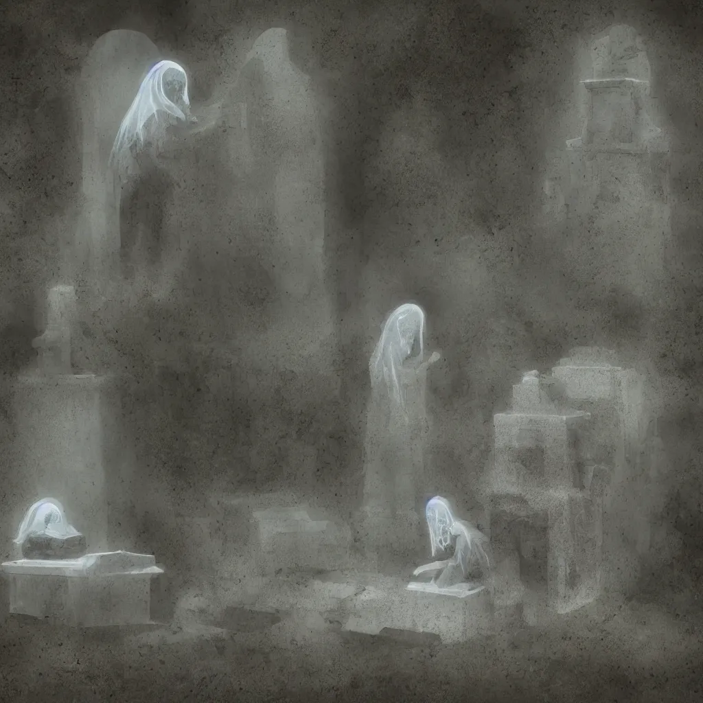 Prompt: a ghost visiting its own grave, digital art