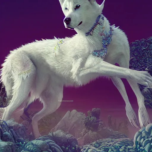 Prompt: white alaskan husky creature in a desert lush oasis, warm tones : by guillermo del toro, daniel merriam, victo ngai and michal karcz : ornate, dynamic, particulate, intricate, elegant, highly detailed, centered, artstation, smooth, sharp focus, octane render