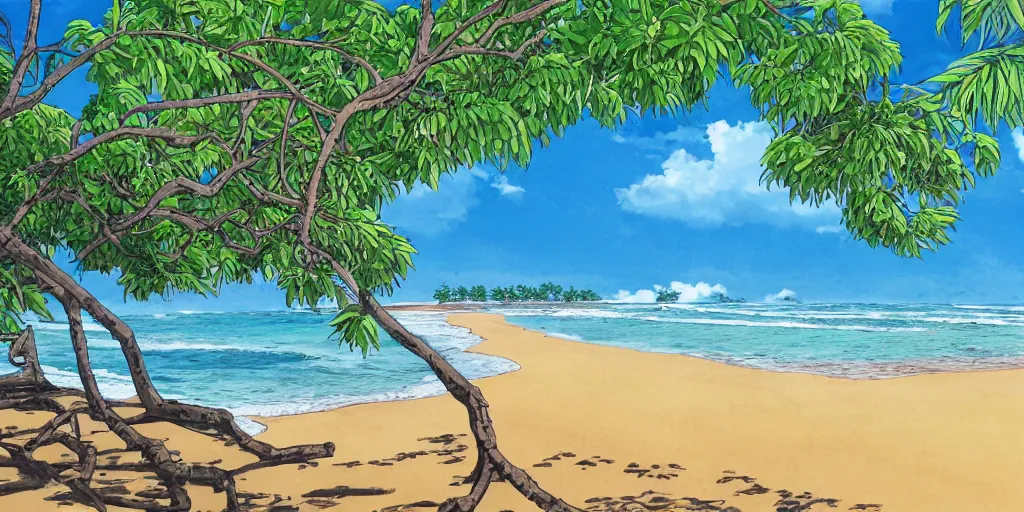 Image similar to sri lankan beach, drawn by hayao miyazaki