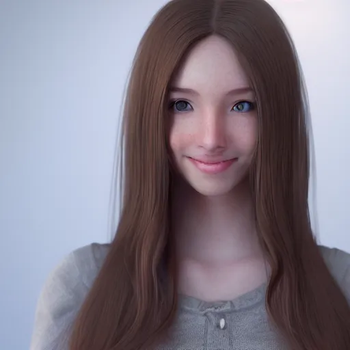 Image similar to Render of April, a cute 3D young woman, long shiny bronze brown hair, full round face, green eyes, medium skin tone, light cute freckles, light blush, smiling softly, wearing casual clothing, interior lighting, cozy living room background, medium shot, mid-shot, hyperdetailed, hyperreal, trending on Artstation, Unreal Engine, 4k