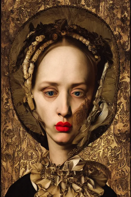 Image similar to Detailed maximalist portrait with large lips and with large eyes, sad expression, HD mixed media, 3D collage, highly detailed and intricate illustration in the style of Caravaggio, dark art, baroque