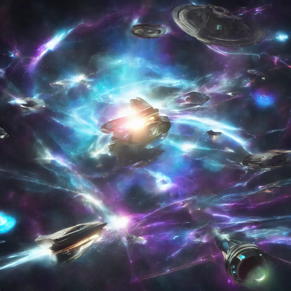 Image similar to galactic space fleet flying into a warp portal, 8 k resolution