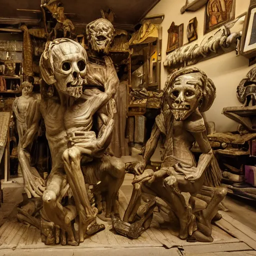 Image similar to evil souls being sculptured in small renaissance shop, advanced, fantastic reality, in the style o fstefan bakałowicz, 8 k resolution