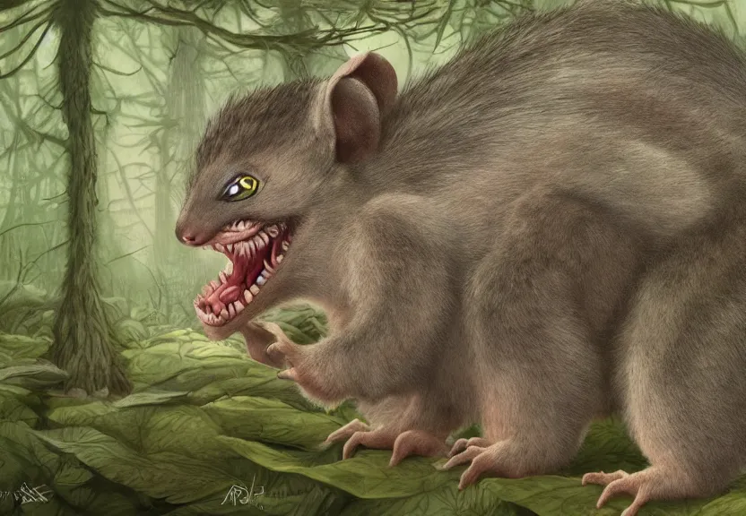 Image similar to possum monster hidden in the forest, colorized, highly detailed, 4k, trending on Artstation, award-winning, art by Maurice Sendak