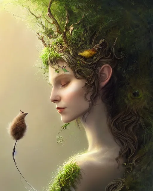 Image similar to dryad, perfect face, accompanied by a cute feathered mouse cinematic, stunning, highly detailed, digital painting, artstation, smooth, hard focus, illustration, art by jessica rossier and brian froud