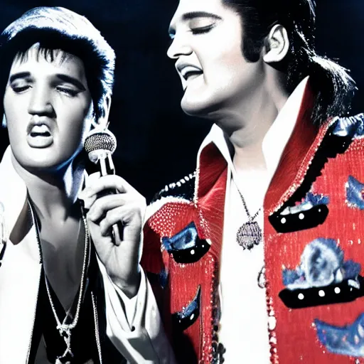 Image similar to elvis presley and snoop dog singing a duet in 2 0 2 2, one microphone, in las vegas, detailed, beautiful, color photo, f 1. 8, promotional poster, photorealistic