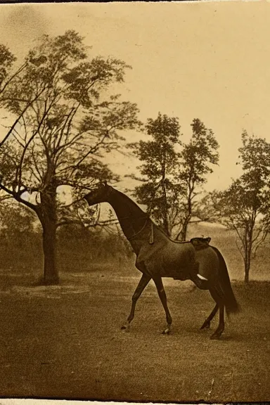 Prompt: an 1800s photo taken from a distance of a horse on top of the branches of a tree