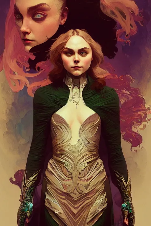 Image similar to annasophia robb as a super villain, fantasy, intricate, elegant, highly detailed, digital painting, artstation, concept art, matte, sharp focus, illustration, art by WLOP and Greg Rutkowski and Alphonse Mucha, masterpiece, Refined