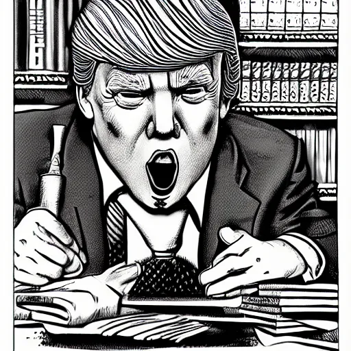 Prompt: close - up portrait of donald trump eating classified documents, by robert crumb, black and white drawing, very intricate