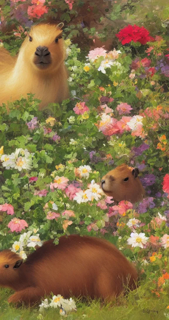 Image similar to romantic detailed portrait of a capybara surrounded by beautiful flowers, by gregory manchess, james gurney, james jean