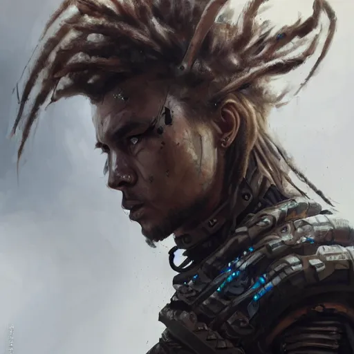 Image similar to Portrait of a man by Greg Rutkowski, a young, strong and hard-eyed futuristic warrior with brown hair with dreadlocks, wearing a futuristic tactical gear that looks like a mix between the samurai, viking and templar aesthetics, mix between tribal and hi-tech, highly detailed portrait, scifi, space opera, digital painting, artstation, concept art, smooth, sharp foccus ilustration, Artstation HQ